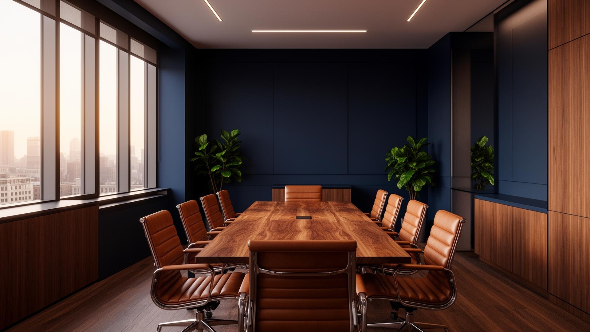 Modern Mid-Atlantic CPA boardroom — navy walls, warm wood, soft natural light